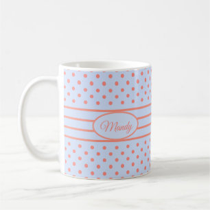 Caneca De Café Bolinhas e listras cor-de-rosa corais em L azul
