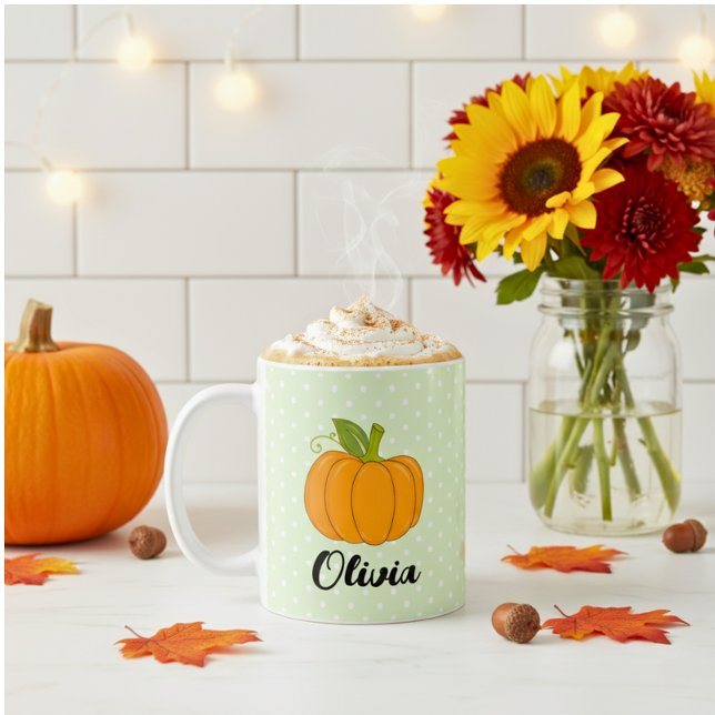 Caneca De Café Bolinhas e Pumpkin de Nome Personalizado de Cubo (Criador carregado)