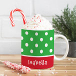 Caneca De Café Bolinhas Festivas, Monograma de Natal Personalizad<br><div class="desc">Personalize este café festivo de Natal ou uma caneca de cacau quente com um nome próprio ou outro texto personalizado. Design apresenta um padrão de bolinhas. Cores clássicas de feriado vermelho,  verde e branco.</div>