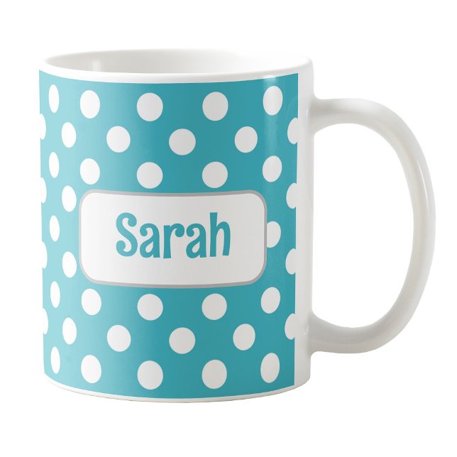 Caneca De Café Bolinhas personalizada turquesa (Personalized Turquoise Polka Dot Mug at Amy's Coffee Mugs on Zazzle.)