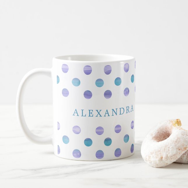 Caneca De Café Bolinhas personalizadas de cor azul e roxa (Com Donut)