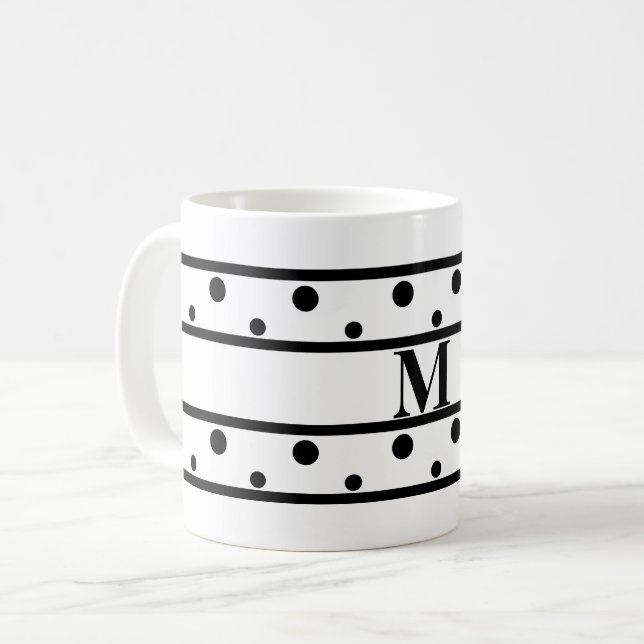 Caneca De Café Bolinhas Pretas Monograma Branco (Frente Esquerda)