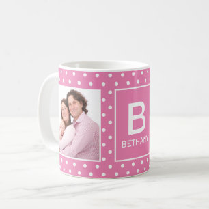 Caneca De Café Bolinhas rosa Foto personalizada Monograma Café M