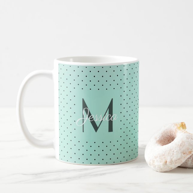 Caneca De Café Bolinhas Teal Moderna e Monograma (Com Donut)