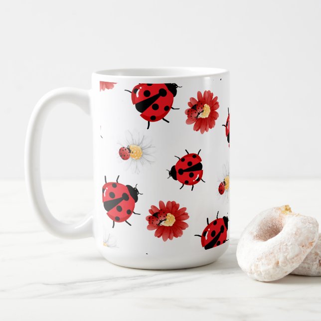 Caneca De Café Bolinhas vermelha-branca, floração de damybug, ver (Com Donut)