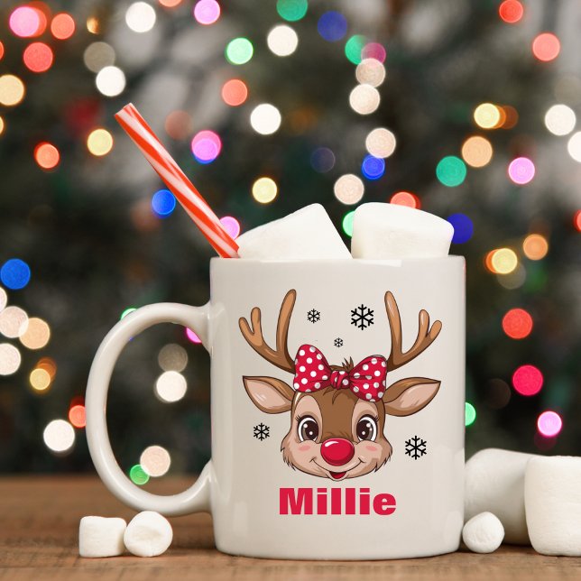 Caneca De Café Bolinhas Vermelha da Garota de Natal (Christmas Reindeer Girl Red Polka Dot Bow Coffee Mug
)