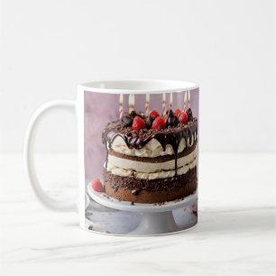 Caneca De Café Bolo De Aniversário De Chocolate Com Morangos,