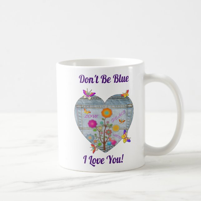 Caneca De Café Bolsos de Jeans Coração Flores Borboletas (Direita)