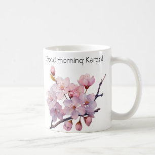 Caneca De Café Bom dia, flores estéticas de cereja europeias