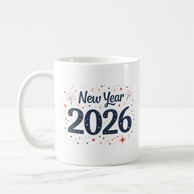 Caneca De Café Bomba festiva de Ano Novo 2026 com estrelas e fogo (Esquerda)