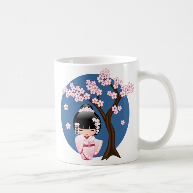 Caneca De Café Boneca White Kimono Kokeshi - Garota Gisha Bonita (Direita)
