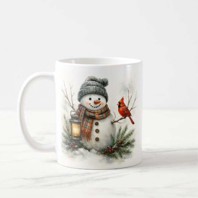 Caneca De Café Boneco de Neve Aquarela, Lanterna & Cardinal (Esquerda)
