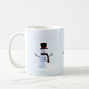 Caneca De Café Boneco de neve com chapéu e cachecol. Eu Amo Neve