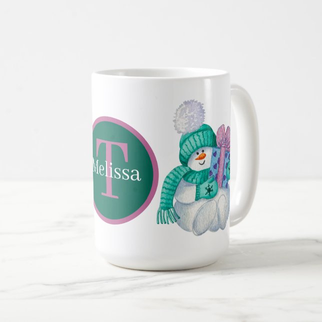 Caneca De Café Boneco de neve de Natal festivo adiciona monograma (Frente Esquerda)