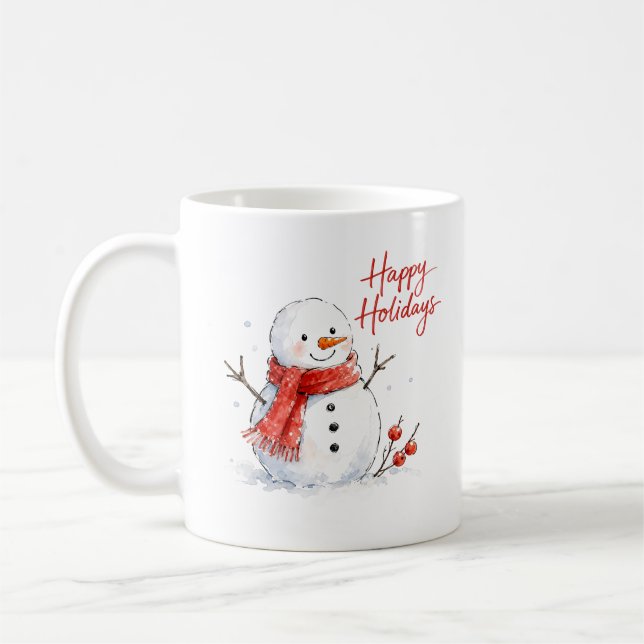 Caneca De Café Boneco de Neve em Aquarela com Cachecol Vermelho (Esquerda)