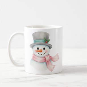 Caneca De Café Boneco de Neve em Aquarela Fofa com Cachecol Rosa