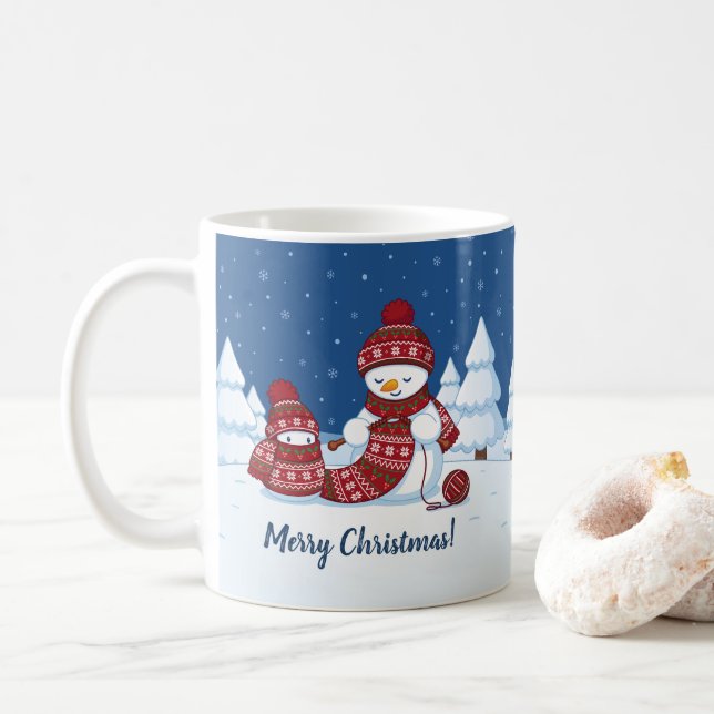 Caneca De Café Boneco de Neve Tricotando Cachecol de Natal (Com Donut)