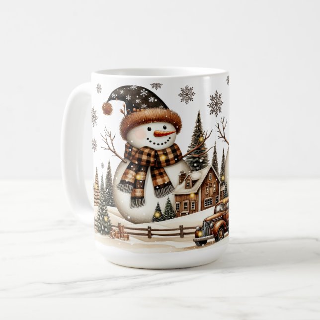 Caneca De Café Bonecos de neve com Casa Rústica e Caminhão Antigo (Frente Esquerda)
