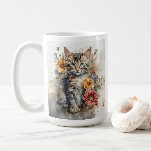 Caneca De Café Bonita Cinza de Flores de Gato (Com Donut)