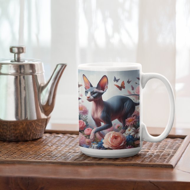 Caneca De Café Bonita Gato Esfinge e Flores (Criador carregado)