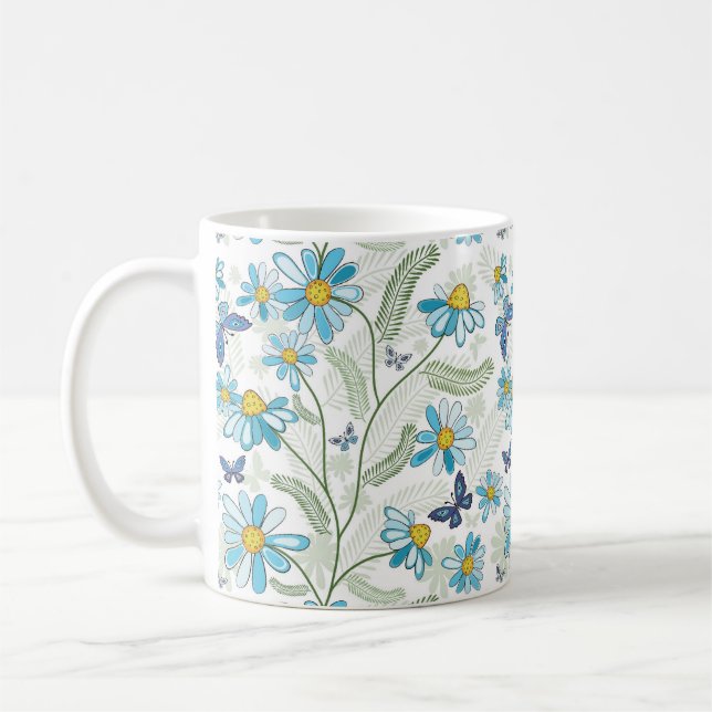 Caneca De Café Bonita Mão Desenhada Pasta Azul Padrão Floral (Esquerda)