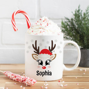 Caneca De Café Bonita Reindeer Rapariga Santa Hat Nome Personaliz