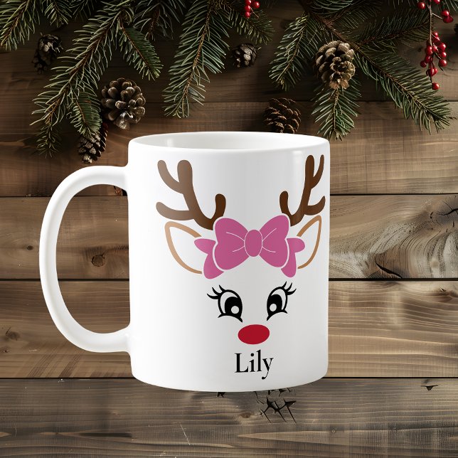 Caneca De Café Bonita Reindeer Rosa Arco Mata-de-Natal (Cute Girl Reindeer Pink Bow Christmas Mug
)