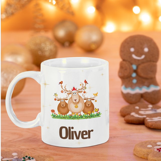 Caneca De Café Bonita Reindeer Trio Holiday começa com seu nome (Criador carregado)