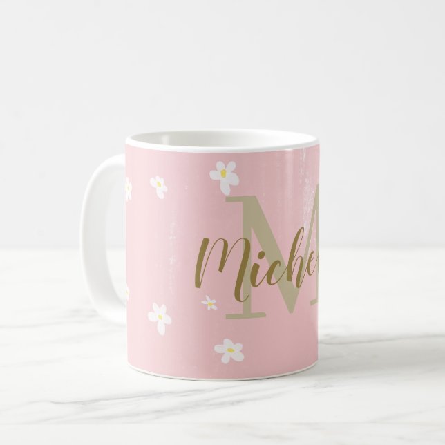 Caneca De Café Bonita Rosa Rosa Doce Disies Girly Monogramas (Frente Esquerda)