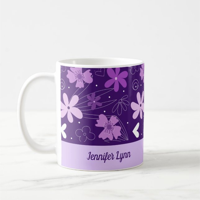 Caneca De Café Bonita Roxa Floral Girassol Personalizada (Esquerda)