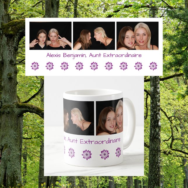 Caneca De Café Bonita Tia Moderna Nome Extraordinário Fotografias (Aunt Extraordinaire. Personalized name + 3 photos BAE mug. Cute, modern Mother's Day birthday gift)