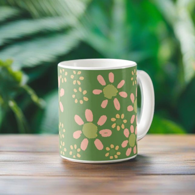 Caneca De Café Bonita Trendy Floral Padrão Verde Rosa Daisy (Criador carregado)