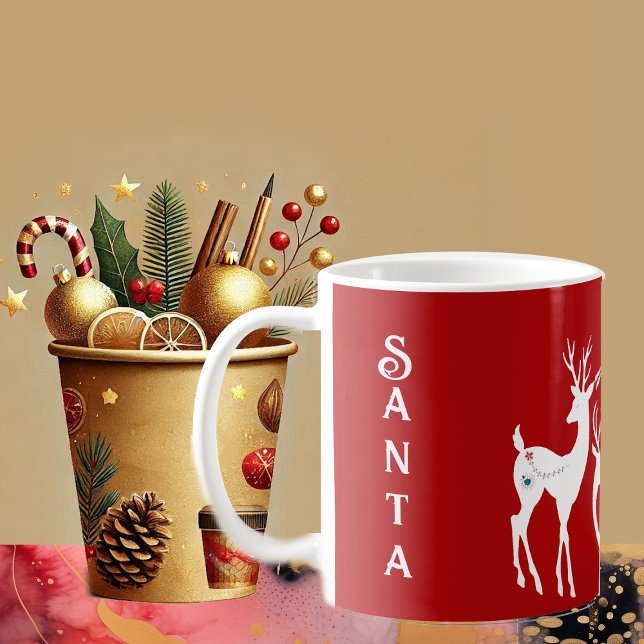 Caneca De Café Bonitas Reinadores de Natal Papais noeis Brancos A (Cute Christmas Reindeers White Santa Helpers Funky Coffee Mug)