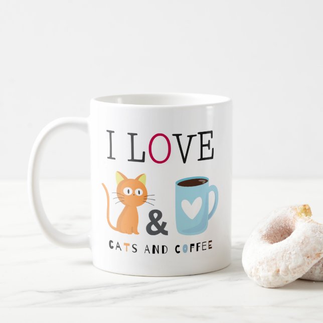 Caneca De Café Bonito Adoro Gatos e Café Branco (Com Donut)
