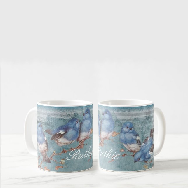 Caneca De Café Bonito Aquarela Pequenas Aves Azuis Personalizadas (Criador carregado)