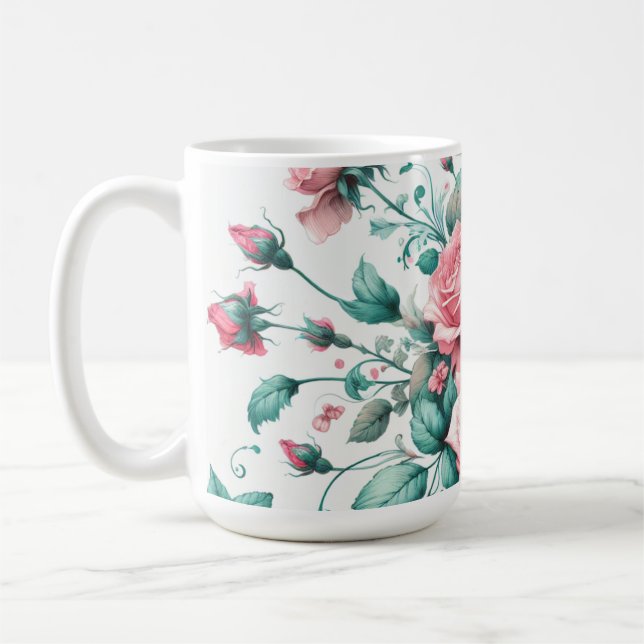Caneca De Café Bonito Aquarela rosa e Rosas verdes (Esquerda)