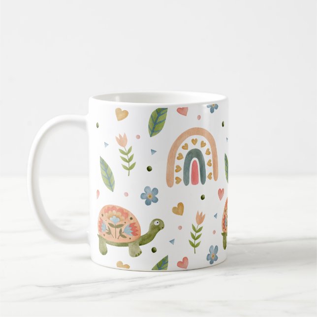Caneca De Café Bonito Aquarela Tartaruga e Padrão Arco-Íris (Esquerda)