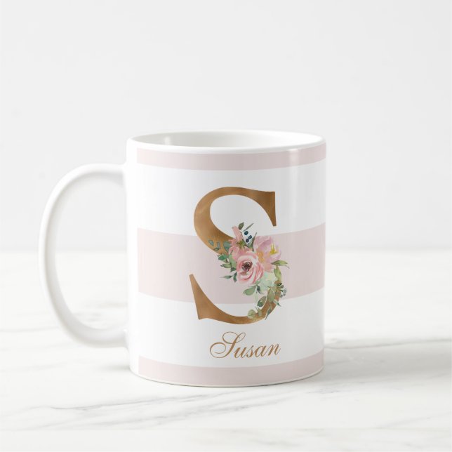 Caneca De Café Bonito Blush Floral Gold Foil - Letra S Monograma (Esquerda)