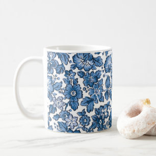Caneca De Café Bonito Boho Azul e Branco Floral