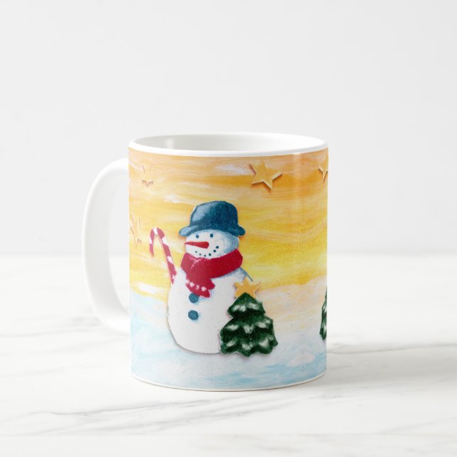 Caneca De Café Bonito boneco de neve com estrelas de árvore de Na (Frente Esquerda)