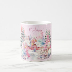Caneca De Café Bonito Boneco de Neve Rosa Natal Personalizado