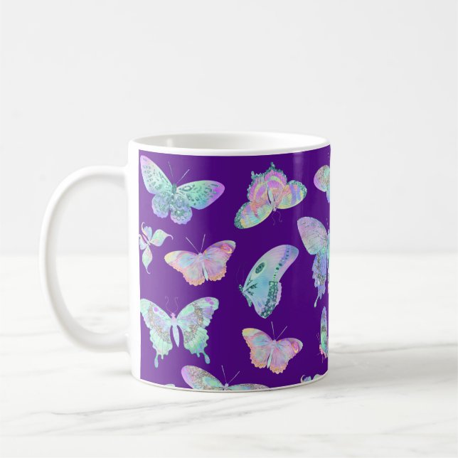 Caneca De Café Bonito borboletas iridescentes em roxo (Esquerda)