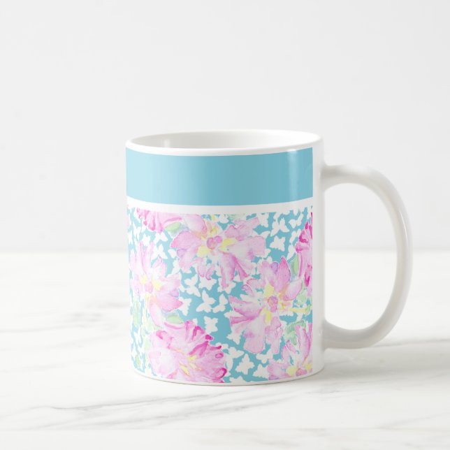 Caneca De Café Bonito Coffee Mug, Rosas Rosa, Borboletas Brancas (Direita)