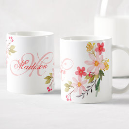 Caneca De Café Bonito Cor-de-Água Floral, Cor-de-Água, Monograma 