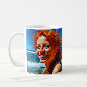 Caneca De Café Bonito dama de cabelo vermelho na praia personaliz