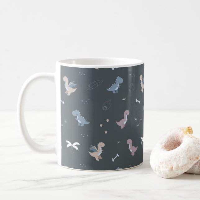 Caneca De Café Bonito Dino Patern Cinza Azul Mug (Com Donut)