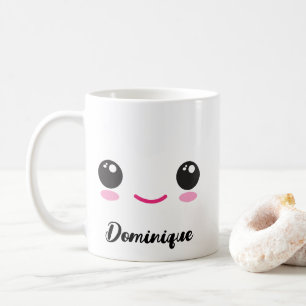 Caneca De Café Bonito e Feliz Rosto Kawaii - Nome Personalizável 