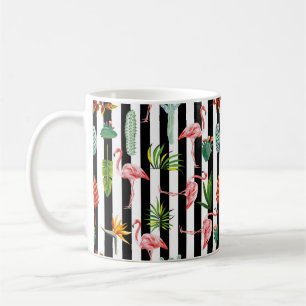Caneca De Café Bonito faixas brancas pretas com Flamingo Cactus