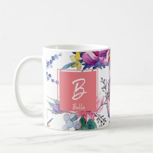 Caneca De Café Bonito flor de aquarela Moça de monograma