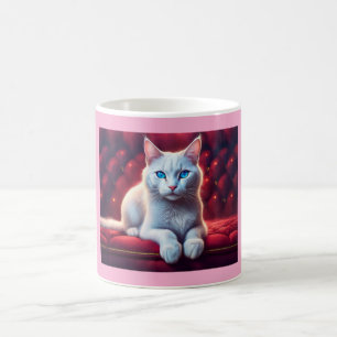 Caneca De Café Bonito Gato Albino De Olhos Azuis No Sofá Vermelho